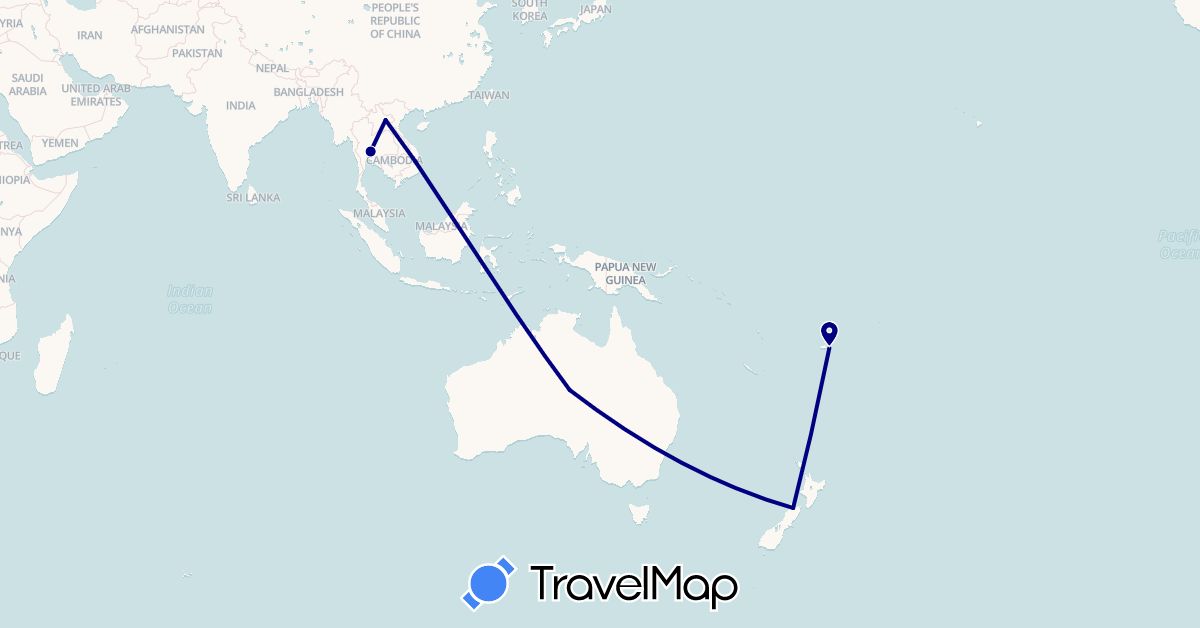 TravelMap itinerary: driving in Australia, Fiji, Laos, New Zealand, Thailand, Vietnam (Asia, Oceania)